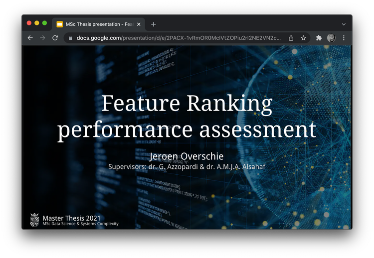 Title slide of the MSc thesis presentation: Feature Ranking performance assessment