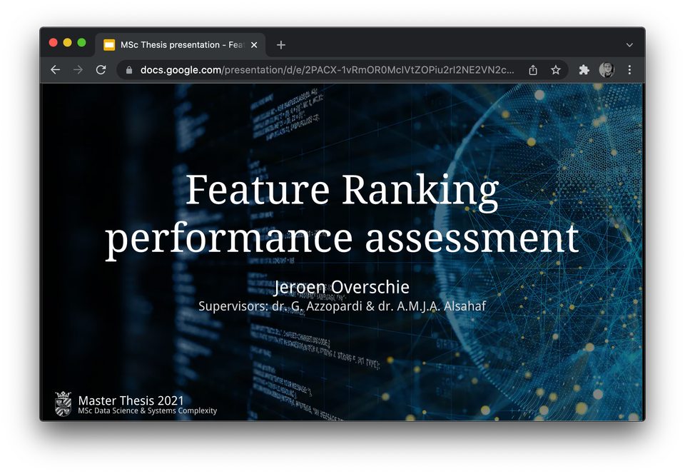 Title slide of the MSc thesis presentation: Feature Ranking performance assessment